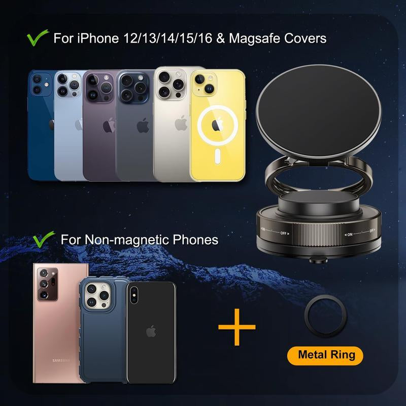 360° Vacuum Magnetic Phone Holder, Hands-Free ,For Outdoorfun/Mirror/Shower/Smooth Surface,Strong Suction Cup Magnetic Car Phone Holderfor All Smartphones & All Car Models Adjustable