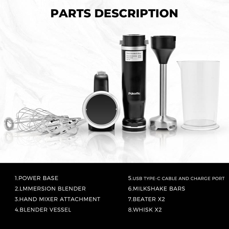 Pukomc Cordless Hand Blender & Mixer – 12-Speed, Bpa-Free, Dishwasher Safe – Multi-Functional for Whipping, Mixing, Beating Egg Whites, Cake Batter, Biscuits & Cream | Wireless & Lightweight